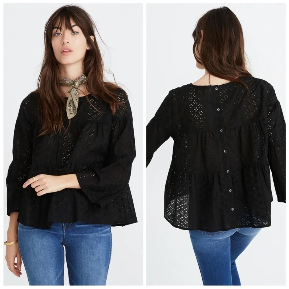 Madewell Black Eyelet Tiered Button-Back Blouse - Picture 1 of 6